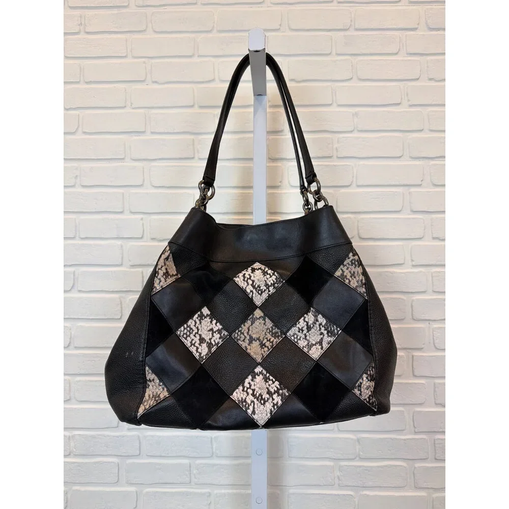 Coach Lexy Patchwork Shoulder Bag Black Snake-Embossed Leather